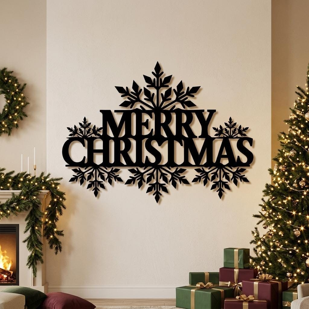 Merry Christmas Metal Wall Art, Snowflake Holiday Sign, Festive Winter Merry Christmas Metal Wall Art, Snowflake Holiday Sign, Festive Winter