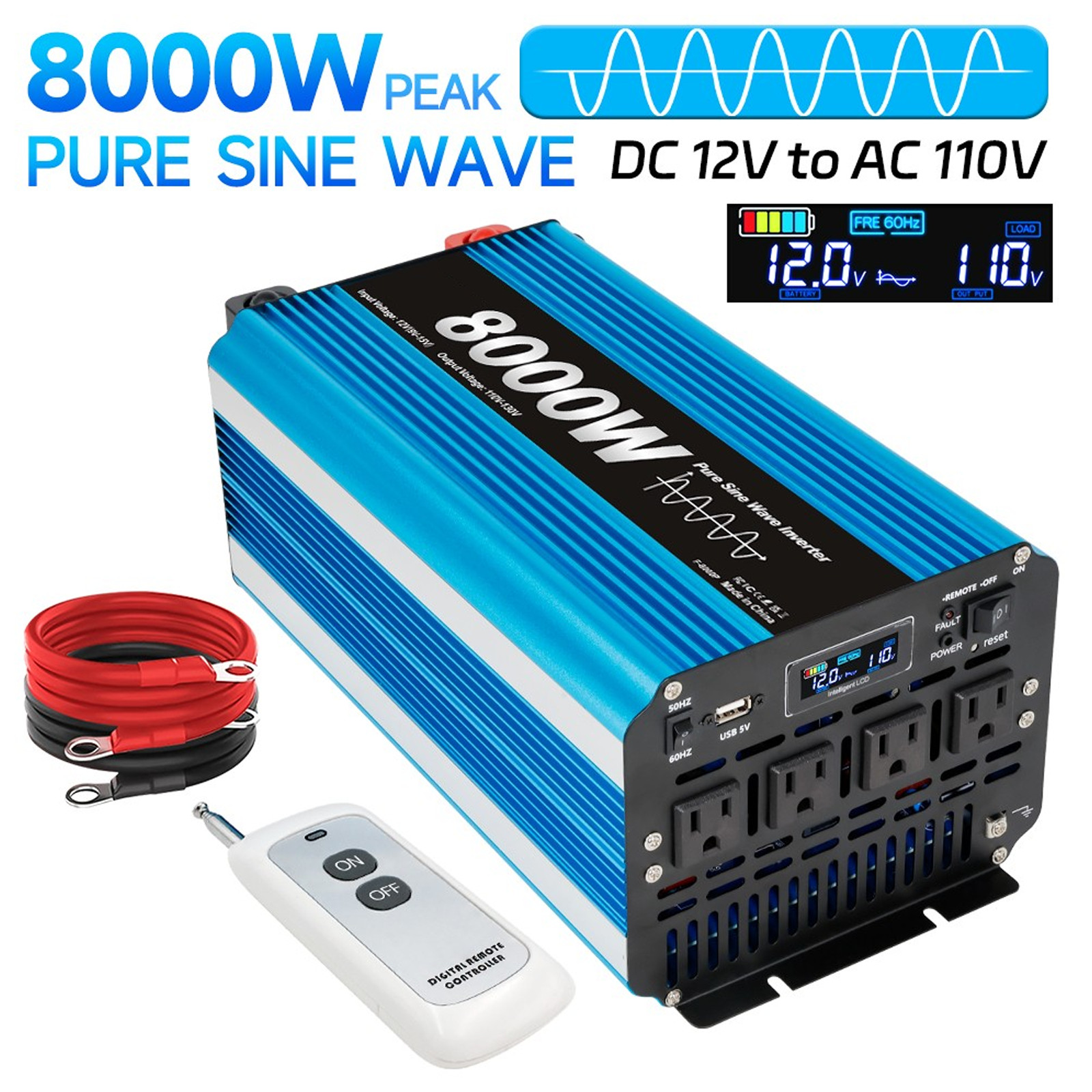 Power Inverter 12V to 110V 4000W 8000W Pure Sine Wave 4AC LCD Converter Used