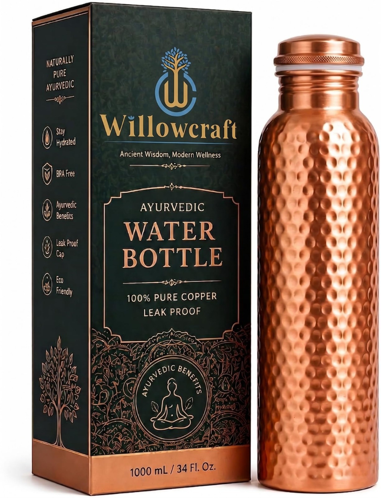 34oz Pure Copper Water Bottle - Handmade Hammered Finish - Ayurvedic Health USA