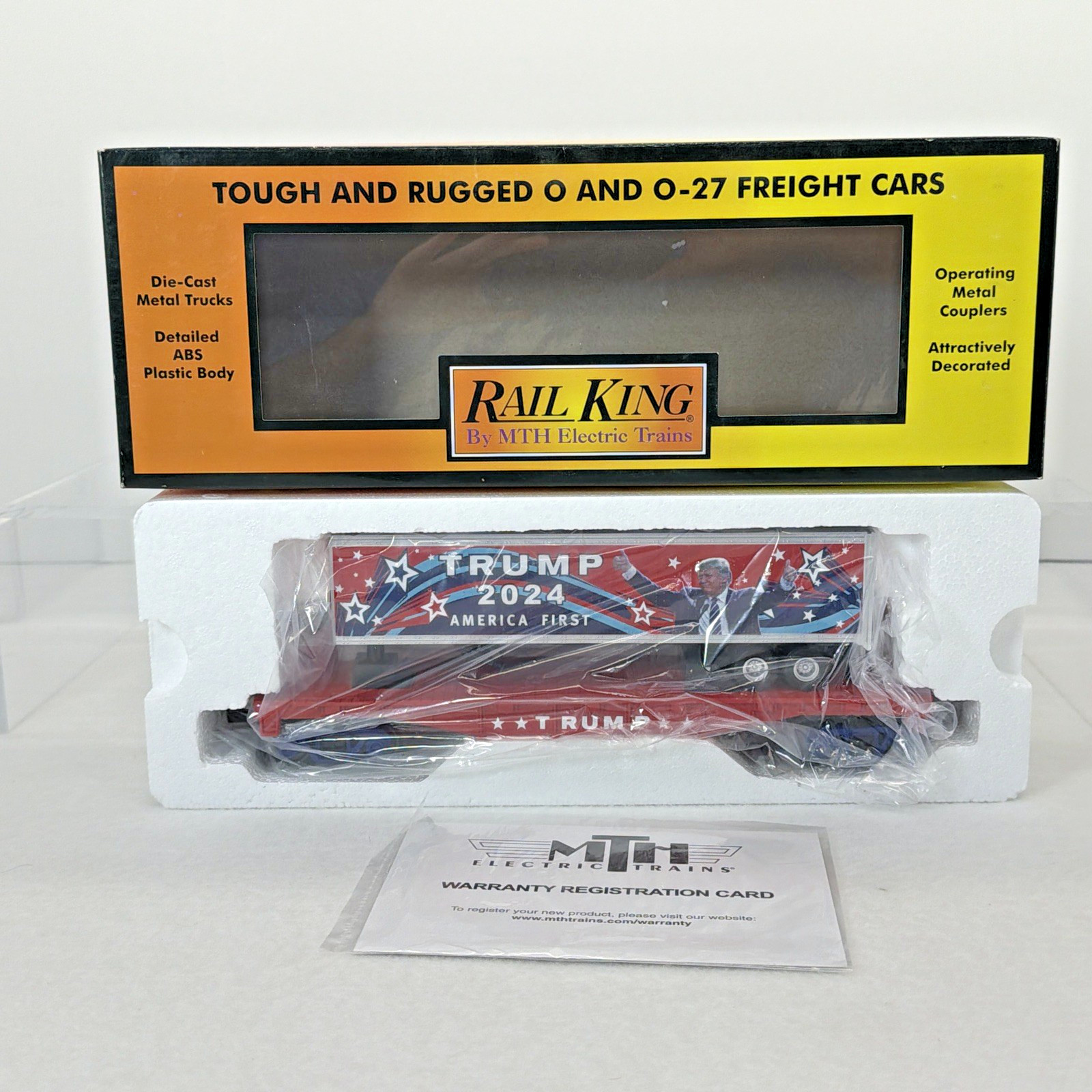 MTH RailKing 30-76850 Donald Trump Flatcar w Trailer New O O-27 Gauge 2024 MTH RailKing 30-76850 Donald Trump Flatcar w Trailer New O O-27 Gauge 2024