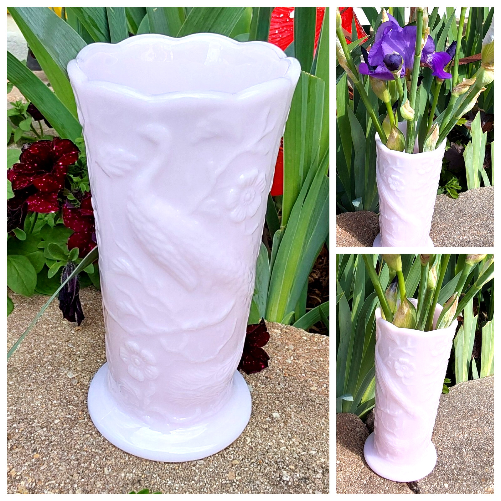 Vintage Fenton Pink Milk Glass Peacock Garden Vase 7.75