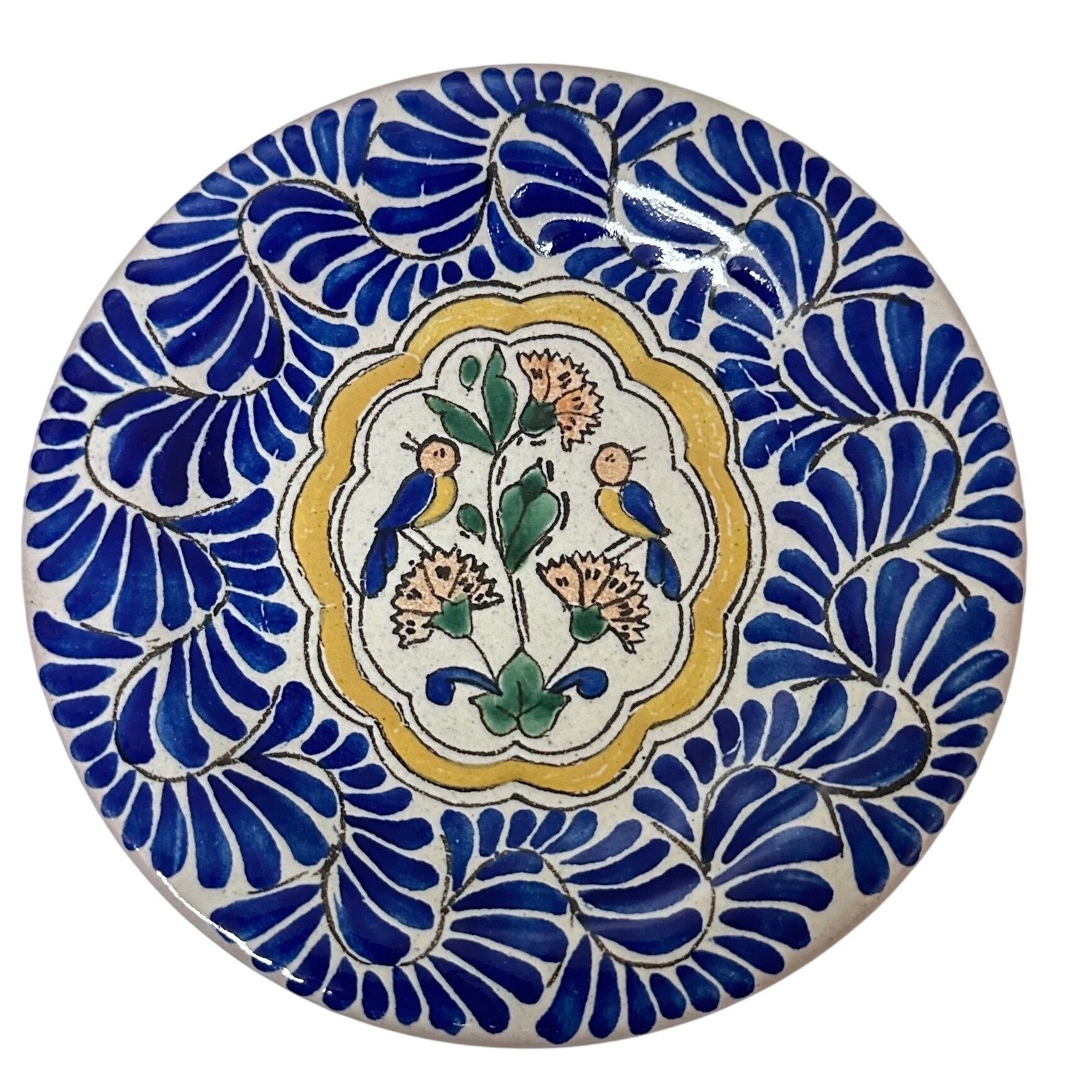 Uriarte Talavera Mexico Hand Painted Bird Floral Pottery Plate 7.25 Inch Blue