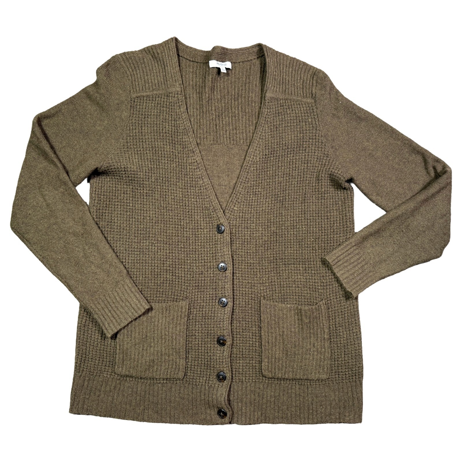 Madewell Womens L Olive 100% Merino Wool Waffle Knit Cardigan Sweater Pockets