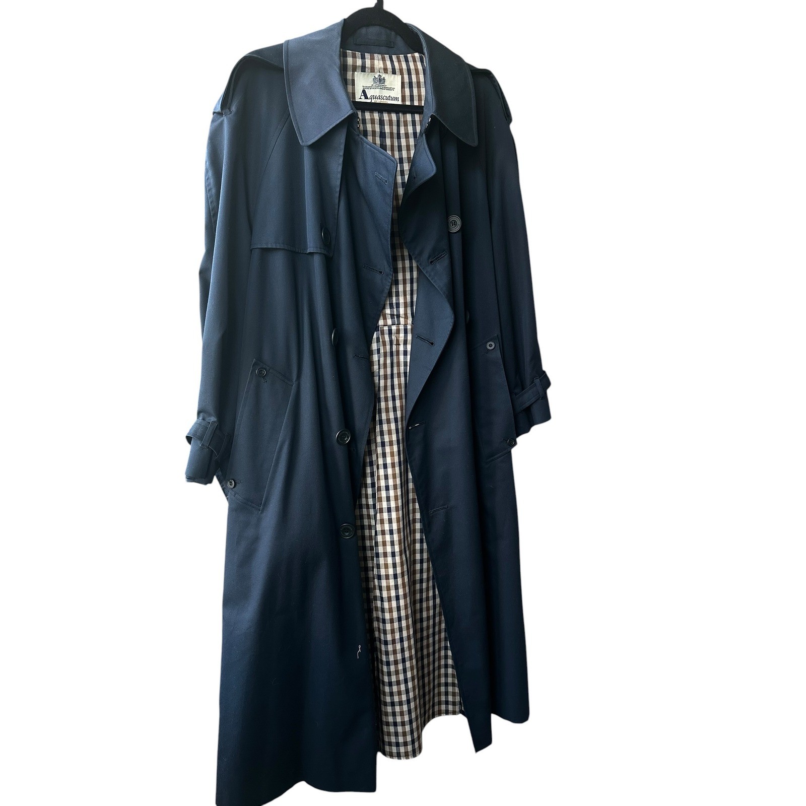 1990s Vintage Aquascutum London Mens Navy Trench 40S Made England Belted