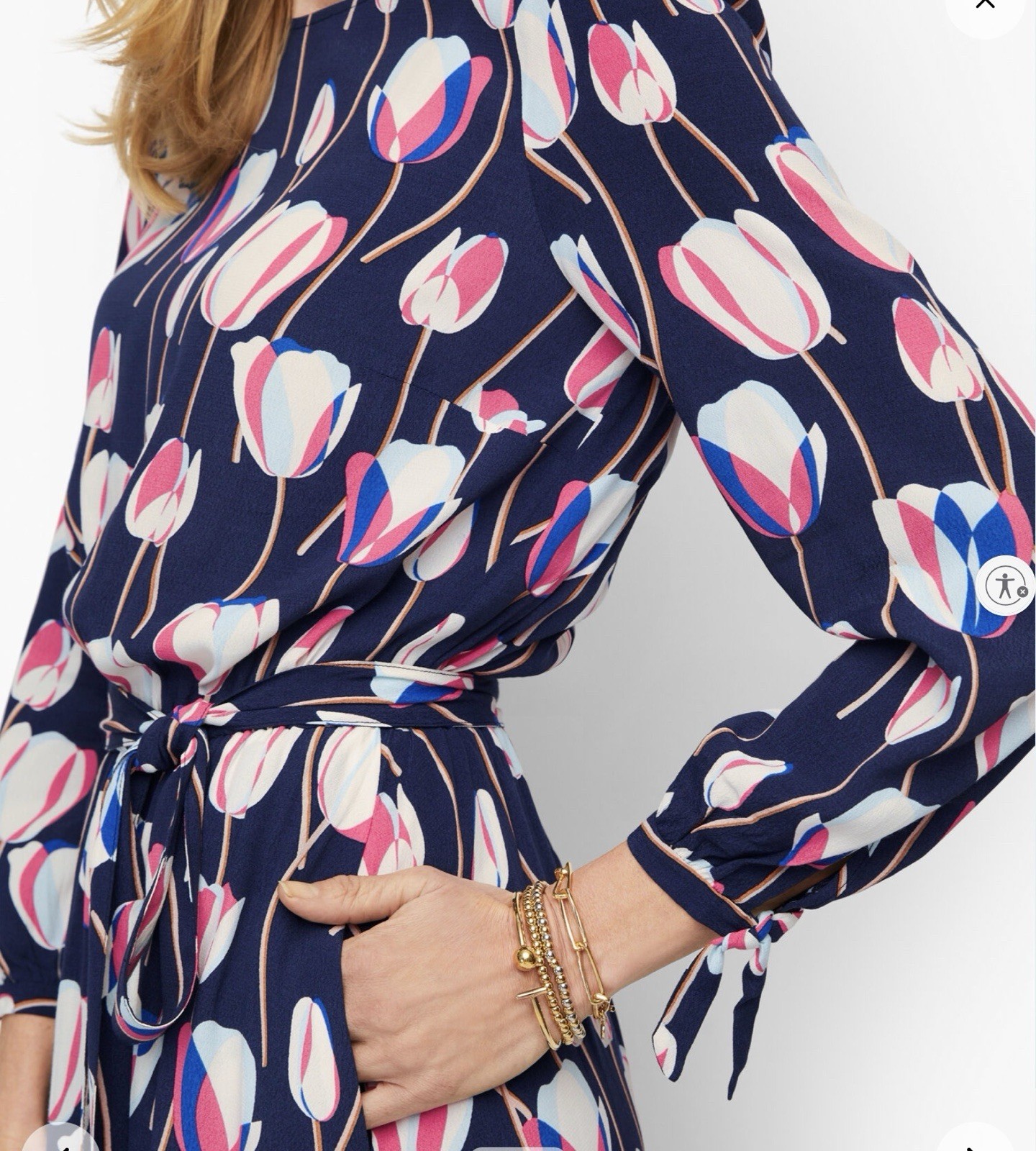 Talbots TULIPS TIE SLEEVE FIT & FLARE DRESS Navy Floral Print Large NWT Talbots TULIPS TIE SLEEVE FIT & FLARE DRESS Navy Floral Print Large NWT