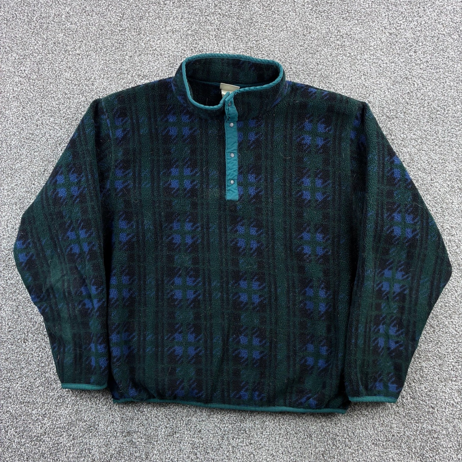 Vintage L.L. Bean Fleece Pullover Mens L Green Blue Plaid Aztec Snap Neck USA