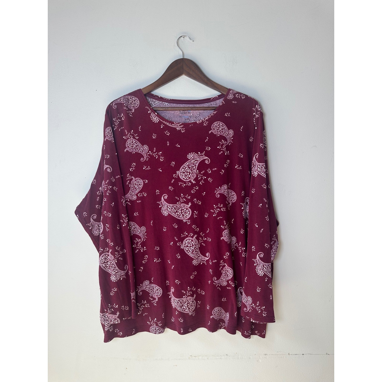🎃Classic Tee Burgundy Paisley Cotton Long Sleeve Top Plus Size 3X