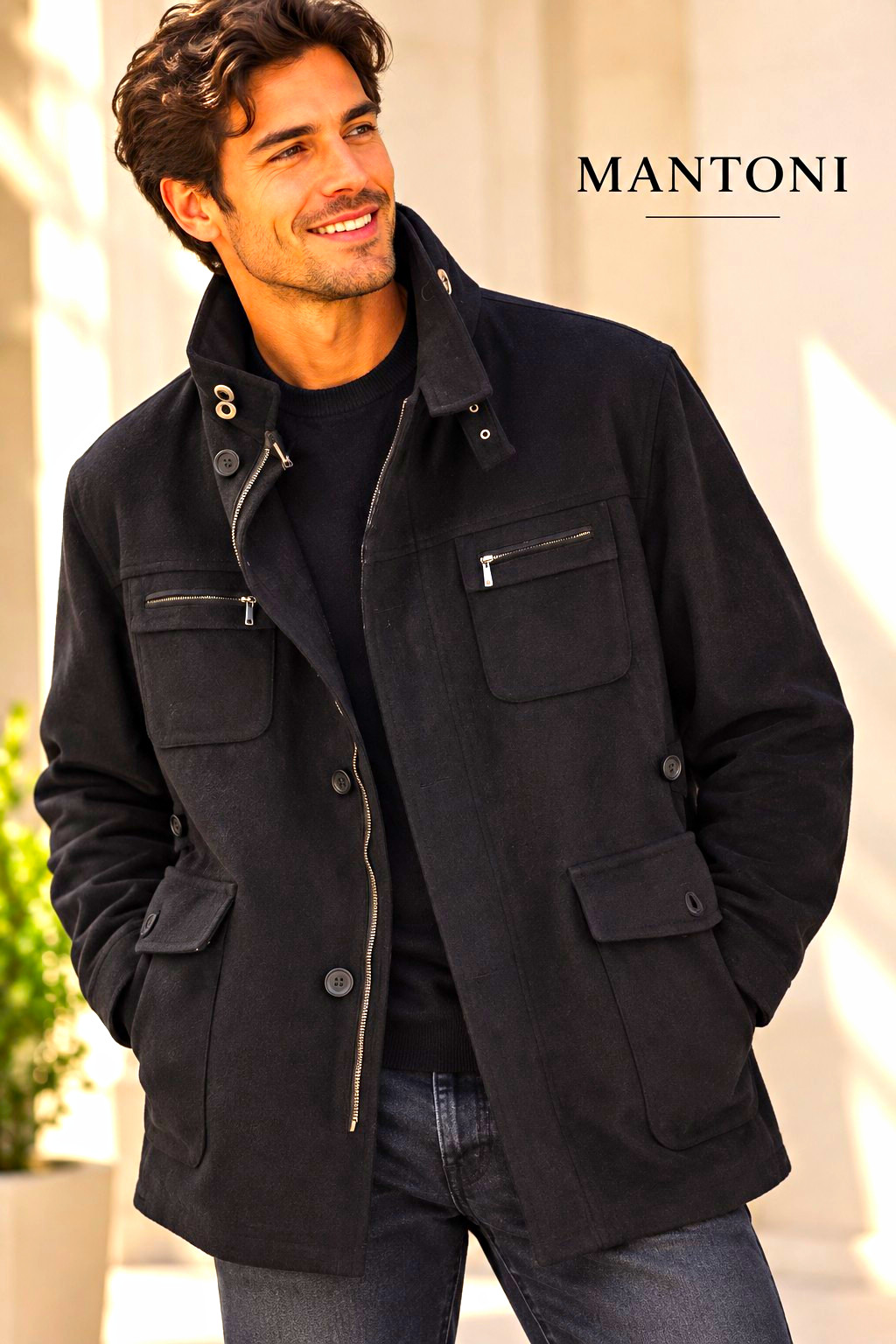 Mantoni Men\'s Black Field Jacket XL Lined Pockets Stand-Up Zip/Button