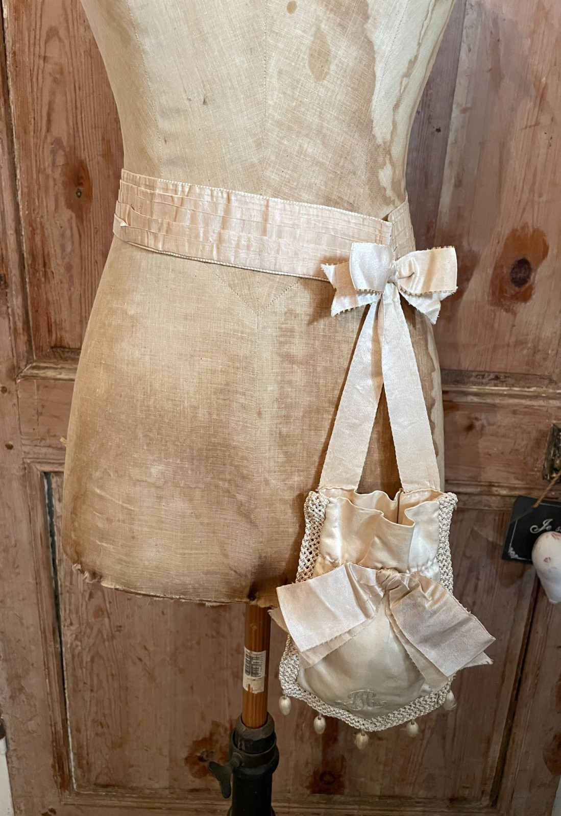 Antique French 19thc Waist Hand Made Silk Ribbon First Communion Bag Keepsake