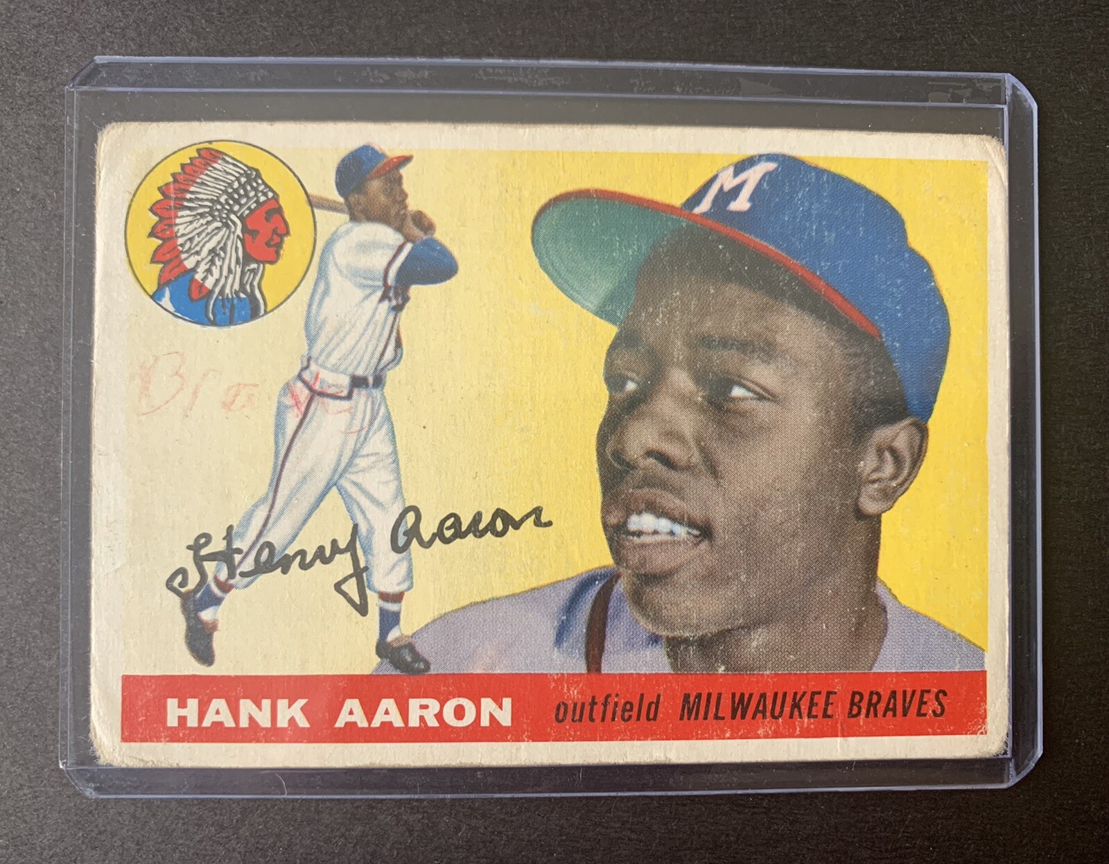 1955 Topps Hank Aaron Baseball Card # 47 Milwaukee Braves - Error WRG Birthday