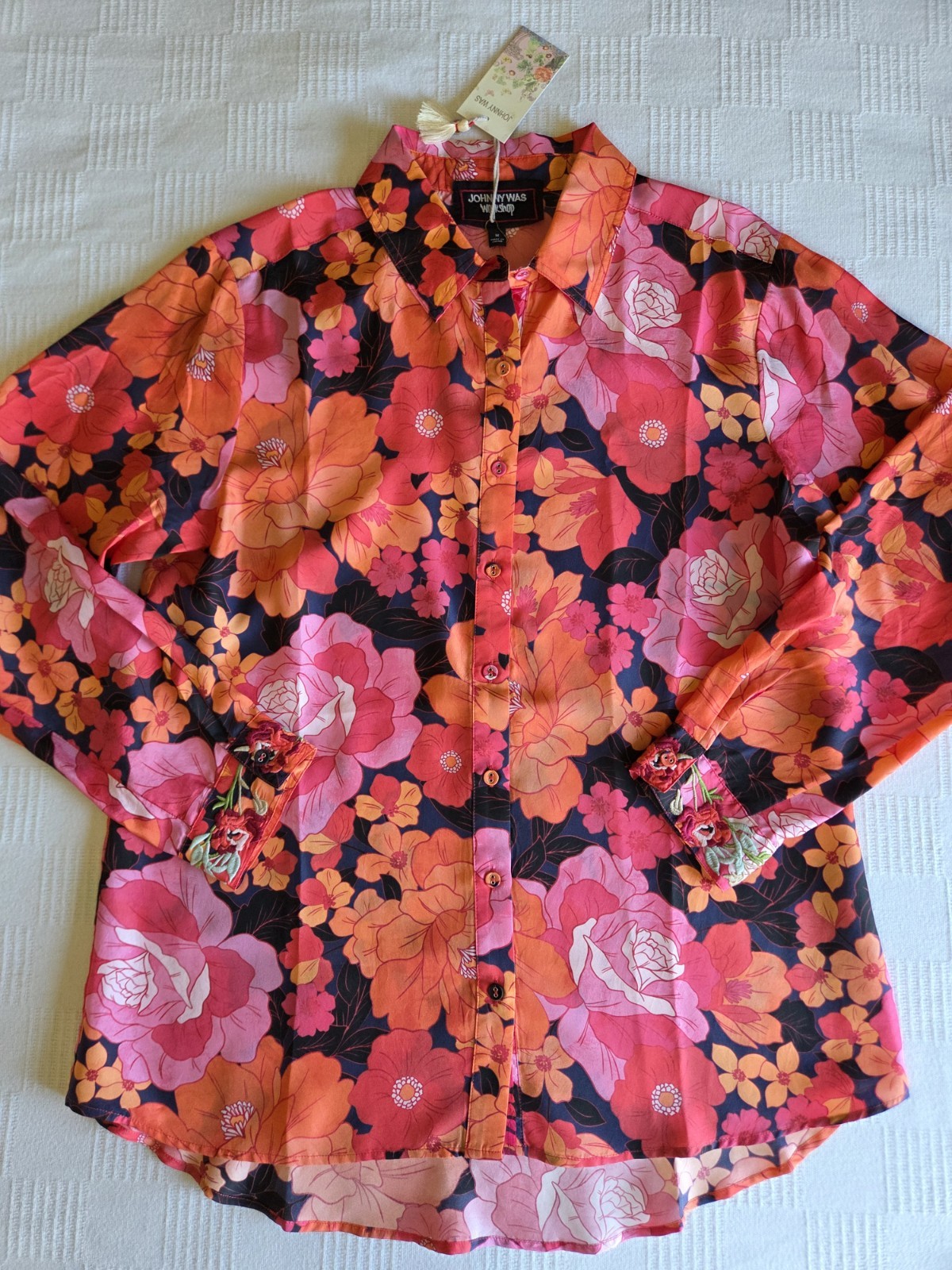 NWT Johnny WAS Becca 100% Silk Button Down Shirt Orange Pink Floral Embroidery M