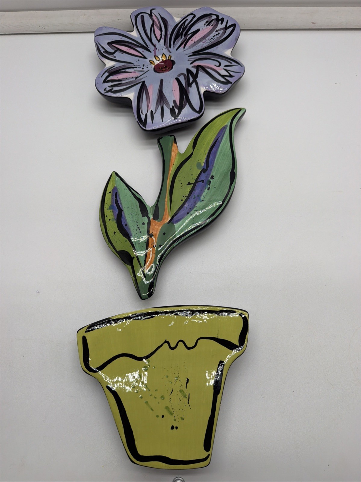 VTG Kathryn Youngs by Ganz Hand Painted Ceramic Flower, Leaves, Pot Wall Art 3p VTG Kathryn Youngs by Ganz Hand Painted Ceramic Flower, Leaves, Pot Wall Art 3p