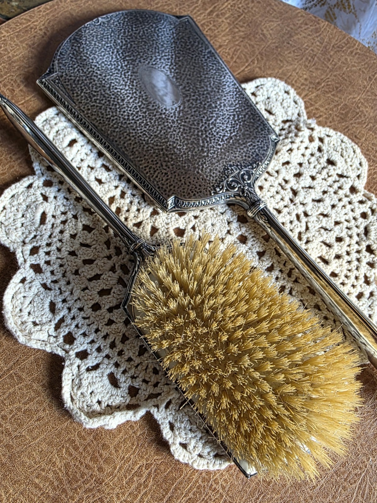 Webster Sterling Silver Antique Hand Mirror & Brush Set - NO MONOGRAM - Hammered