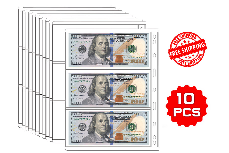 10 PCS Clear Rigid Money Sleeves – 9‑Hole Binder, 30‑Pocket Currency Holders