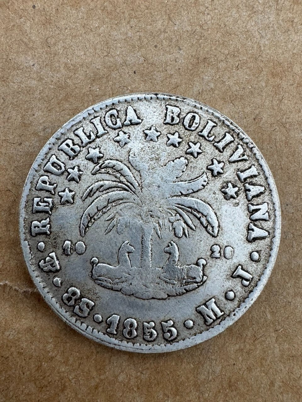 Republica Boliviana Coin 8 sol 1855 M Republica Boliviana Coin 8 sol 1855 M