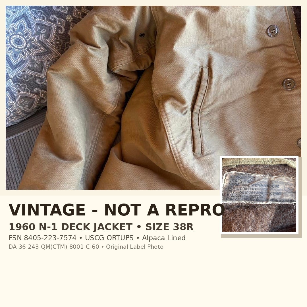 Vintage 1960 N-1 Deck Jacket 38R FSN 8405-223-7574 USCG ORTUPS Alpaca Lined DA-3