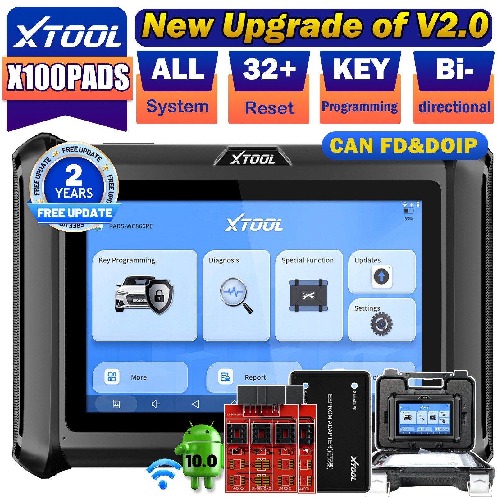 2026 XTOOL X100PADS V2.0 Diagnostic Tool Full System OBD2 Scanner IMMO Key Fob