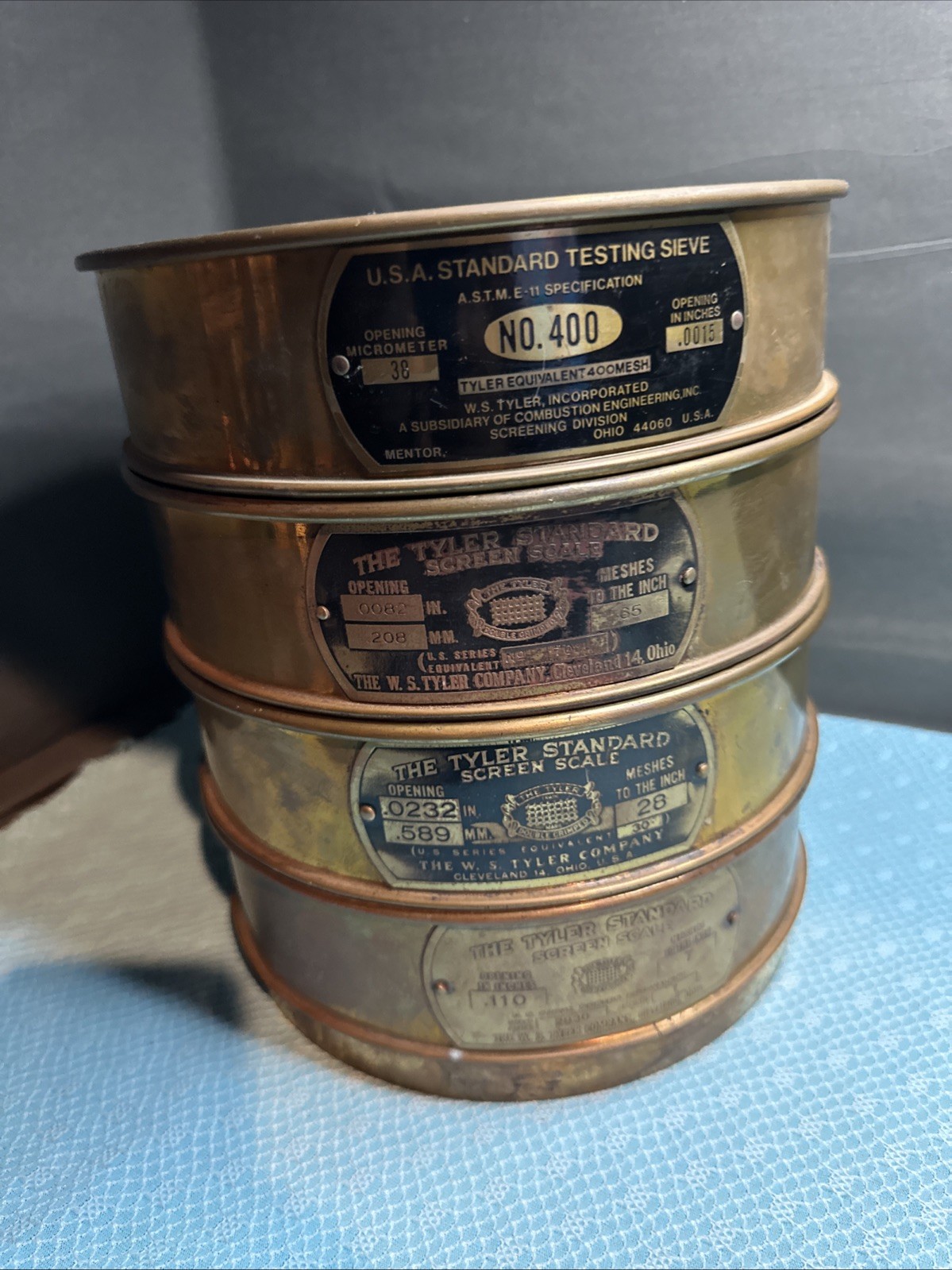 Vintage W.S. Tyler USA Standard Scientific Testing Test Sieves Lot Of 4 Vintage W.S. Tyler USA Standard Scientific Testing Test Sieves Lot Of 4