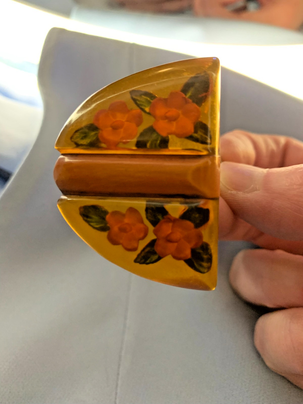 Vintage 1930s Apple Juice Bakelite Dress Clip Reverse Carved Floral Art Deco USA Vintage 1930s Apple Juice Bakelite Dress Clip Reverse Carved Floral Art Deco USA