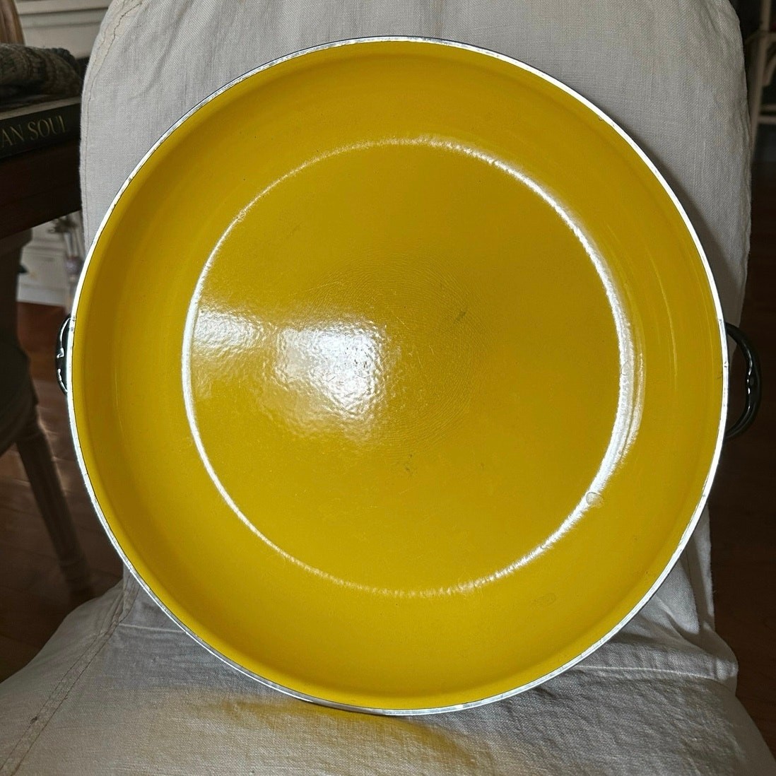 Vintage MCM Enamel Saute Pan w/Handles large yellow black server 14” 