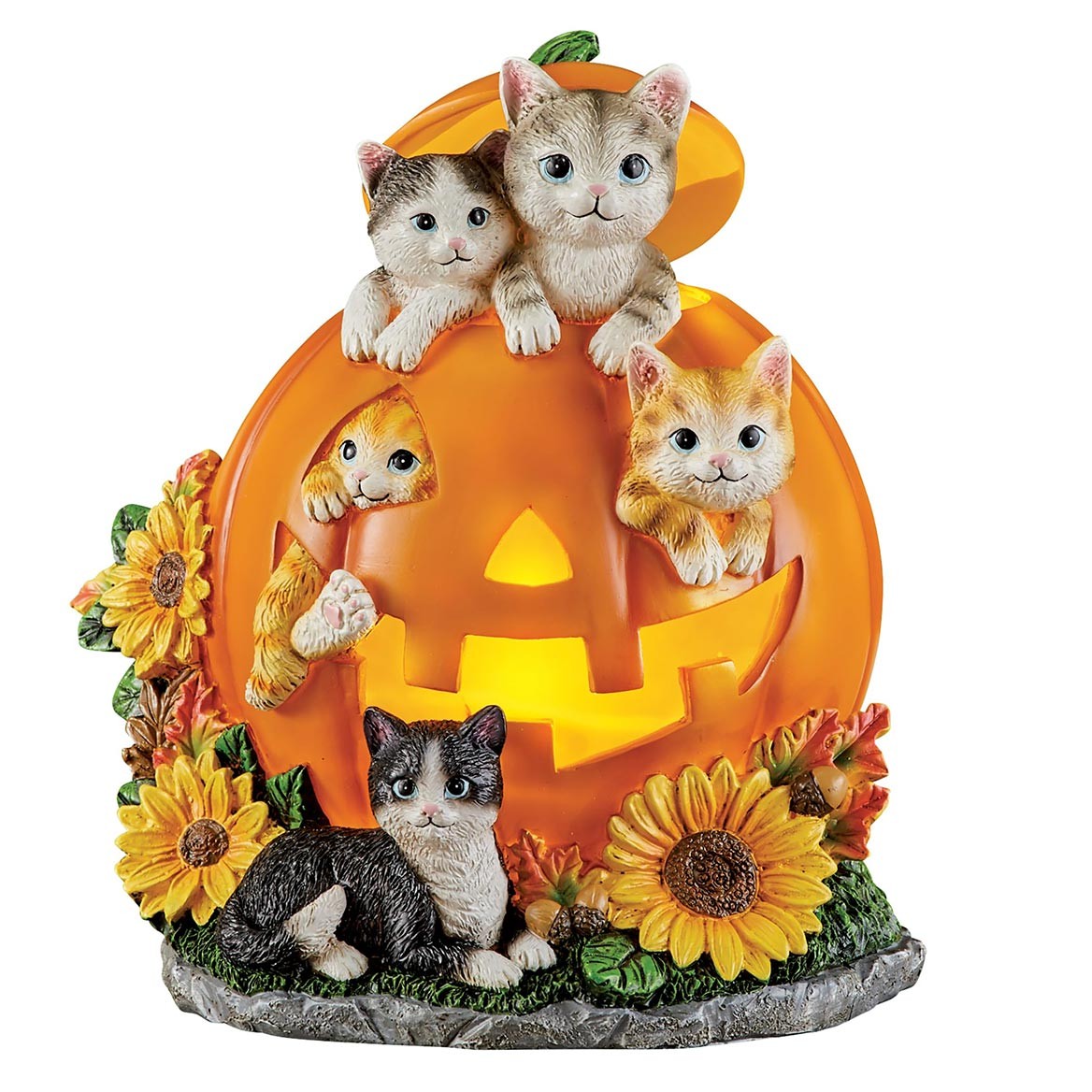 Collections Etc Hand-Painted LED Lighted Pumpkin Cats Tabletop Decoration