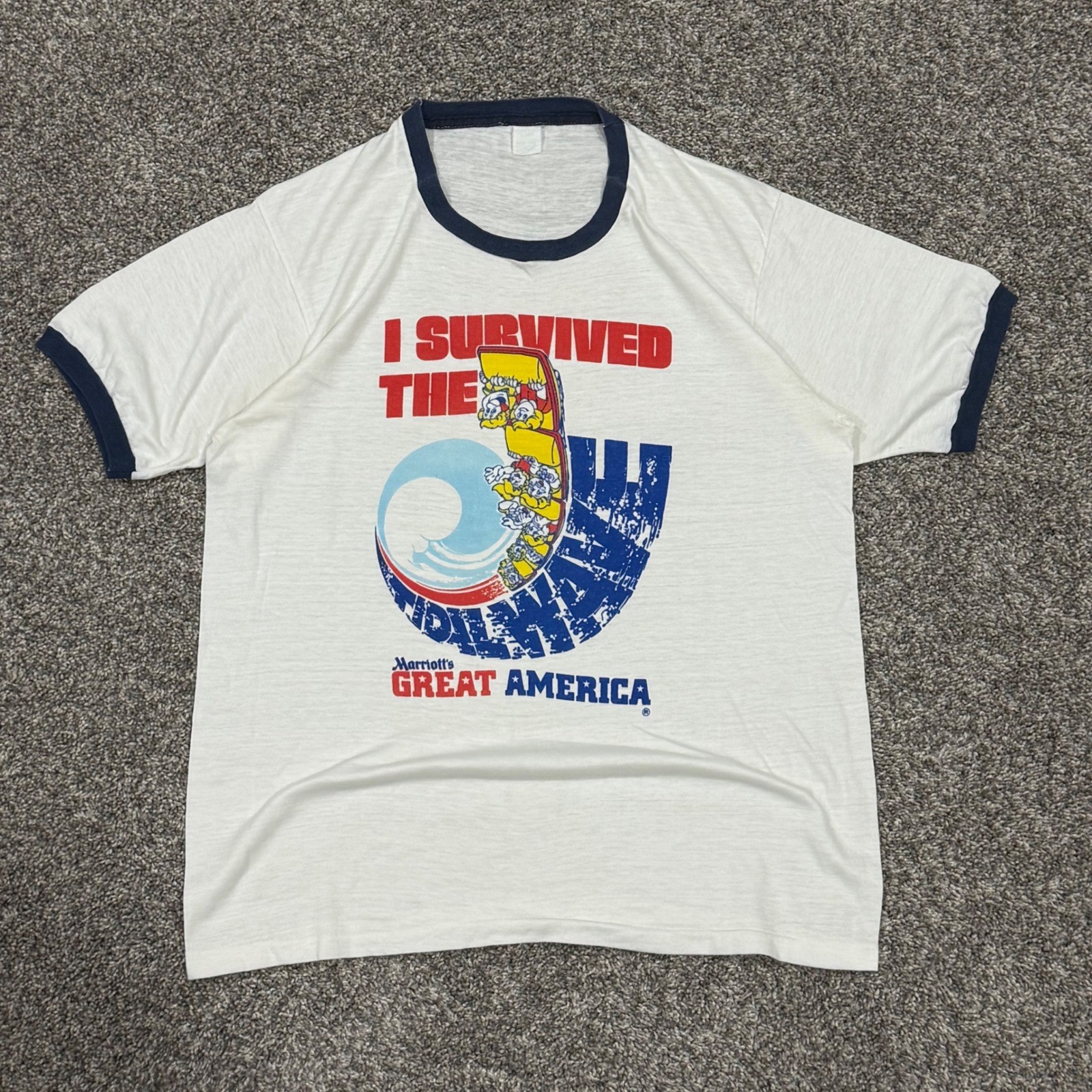 True Vintage 70s Marriotts Great America Tidal Wave Ringer T-Shirt Mens XL USA
