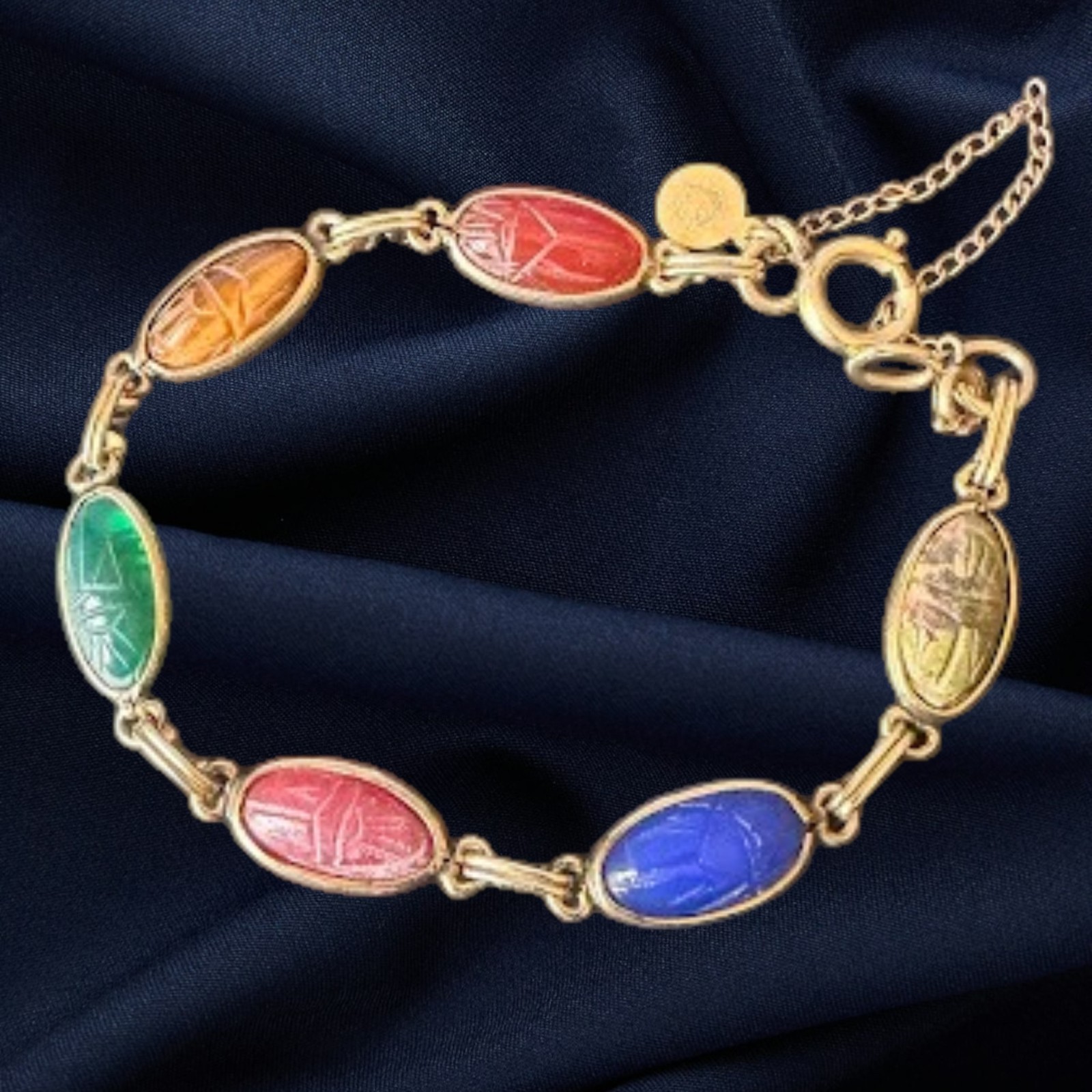 Vintage Candida 12KGF Egyptian Scarab Bracelet Real Carved Gemstones Vintage Candida 12KGF Egyptian Scarab Bracelet Real Carved Gemstones