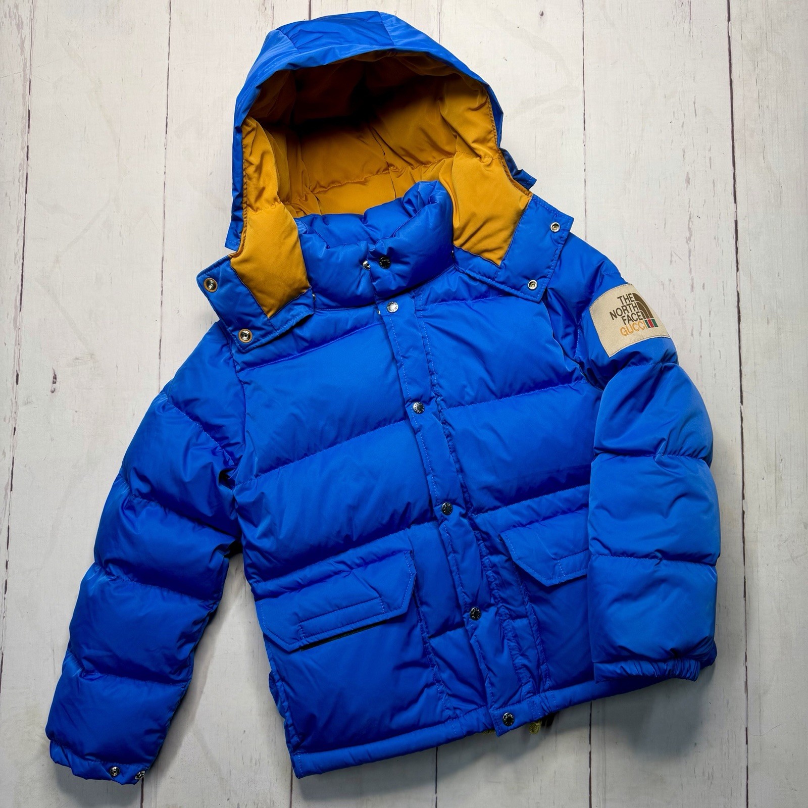 Gucci x The North Face Puffer Jacket Blue and Yellow Youth 140 NEW