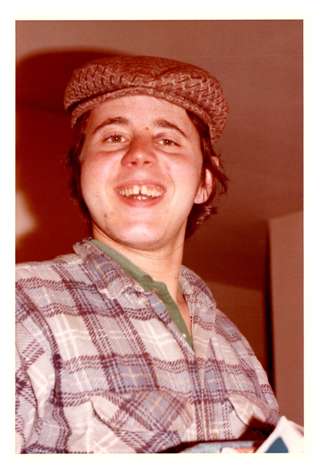 1970s Young Man Wearing Plaid Shirt Tweed Flat Cap Hat Vintage Photo