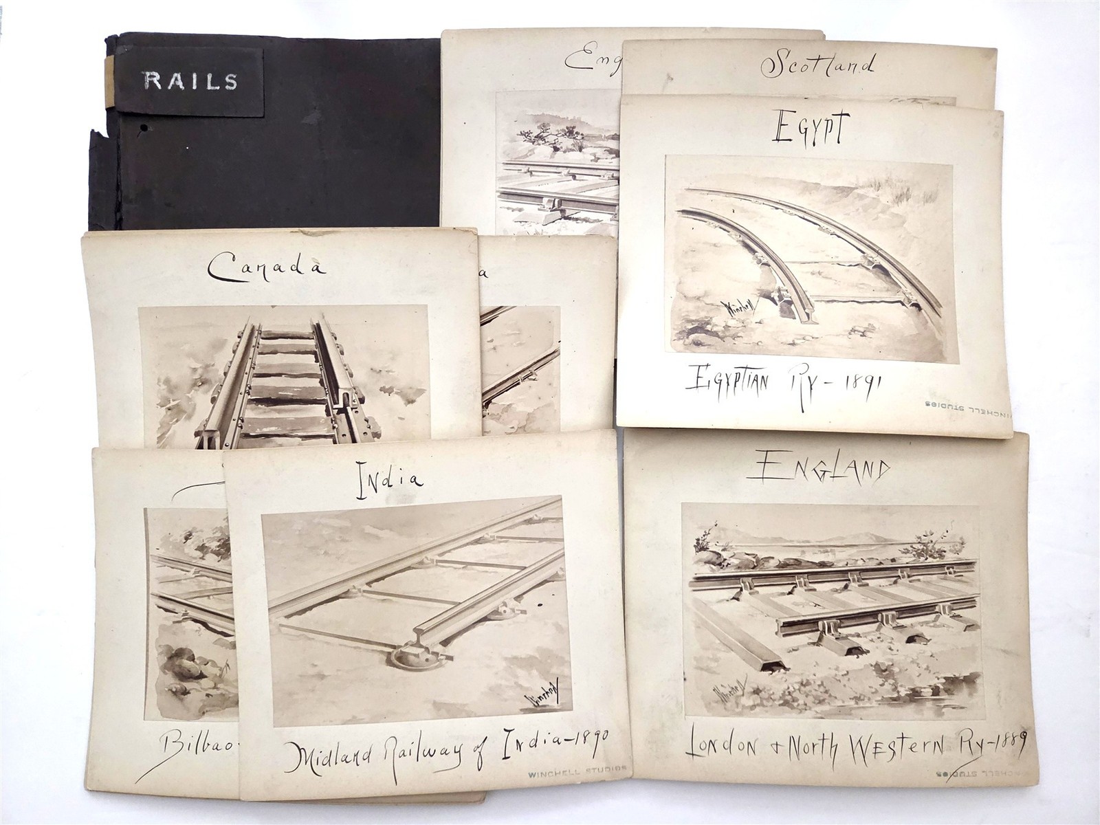 1890s antique PHOTO ALBUM RAILROAD RAILS history WINCHELL STUDIOS sketches
