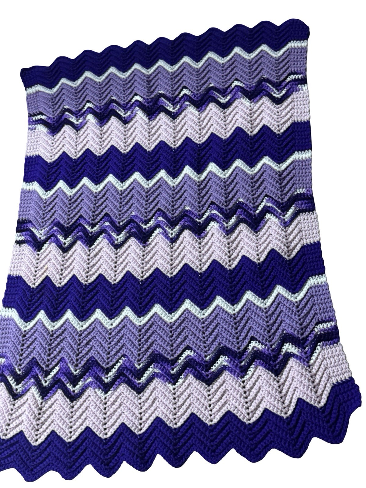 Crochet Chevron Afghan Blanket, Purple White Ripple Couch Throw 30X42”