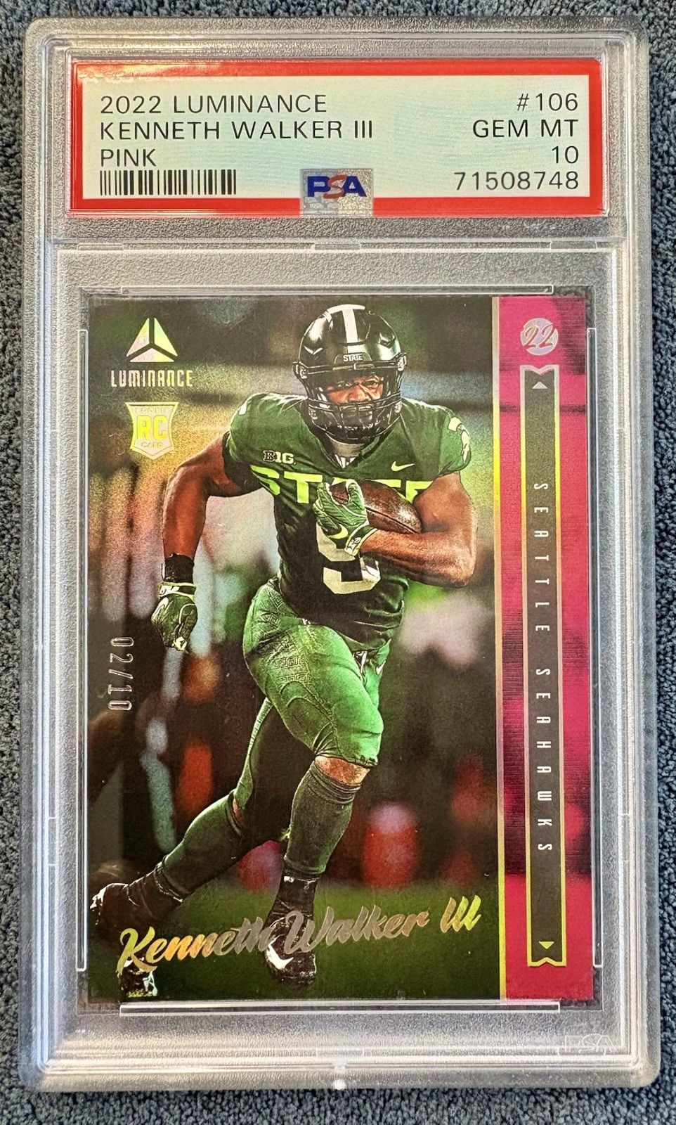 2022 Panini Luminance - #106 Kenneth Walker III Rookie Pink RC /10 Low POP MVP 2022 Panini Luminance - #106 Kenneth Walker III Rookie Pink RC /10 Low POP MVP