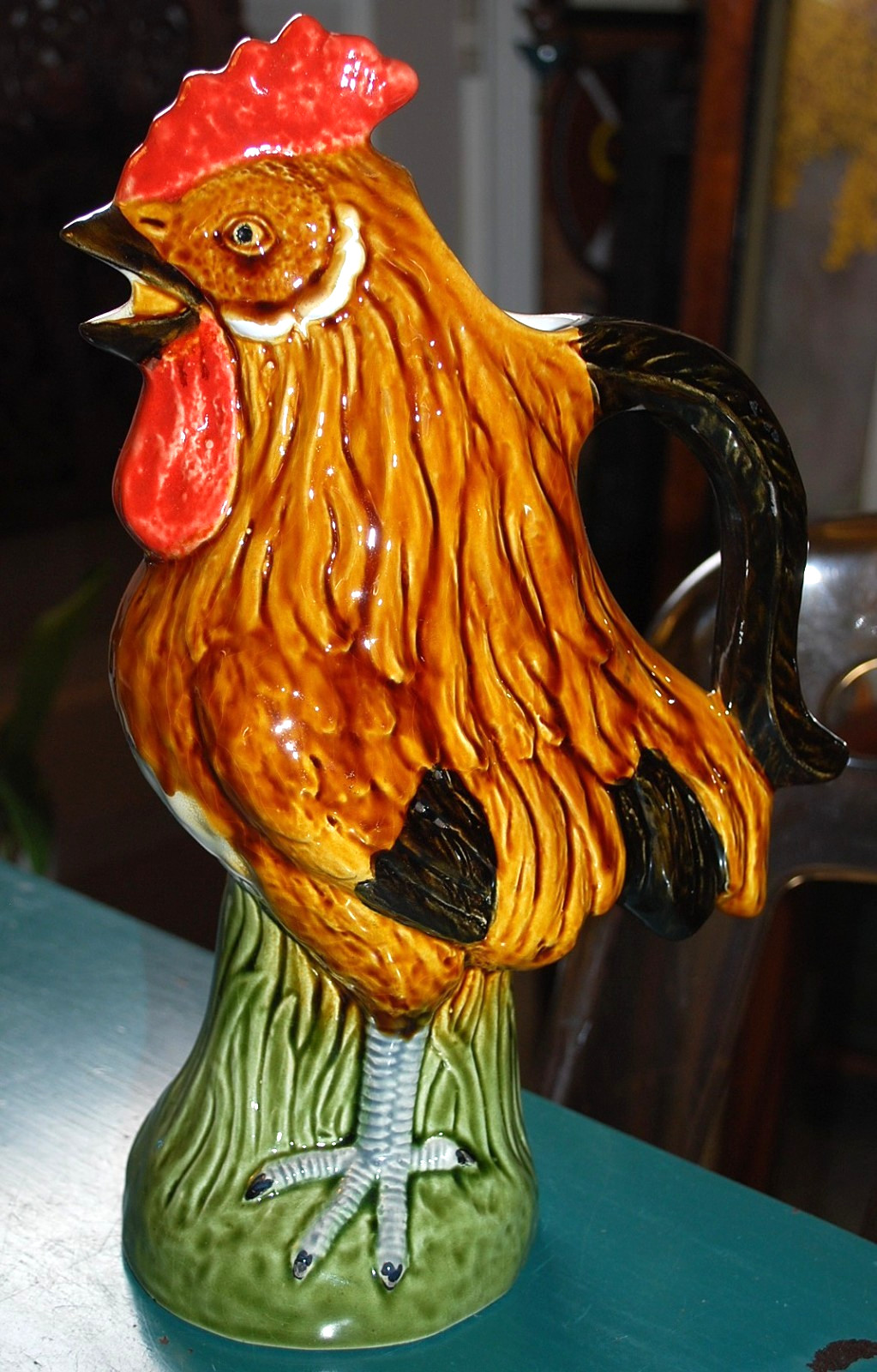 Antique MAJOLICA Pitcher ROOSTER Magnificent Details OPEN BEAK 12\