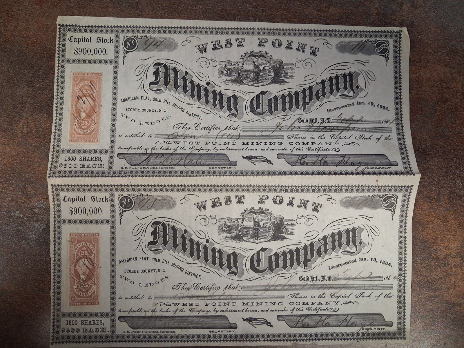 PAIR OF ORIGINAL 1864 WEST POINT MINING COMPANY STOCK CERTIFICATES
