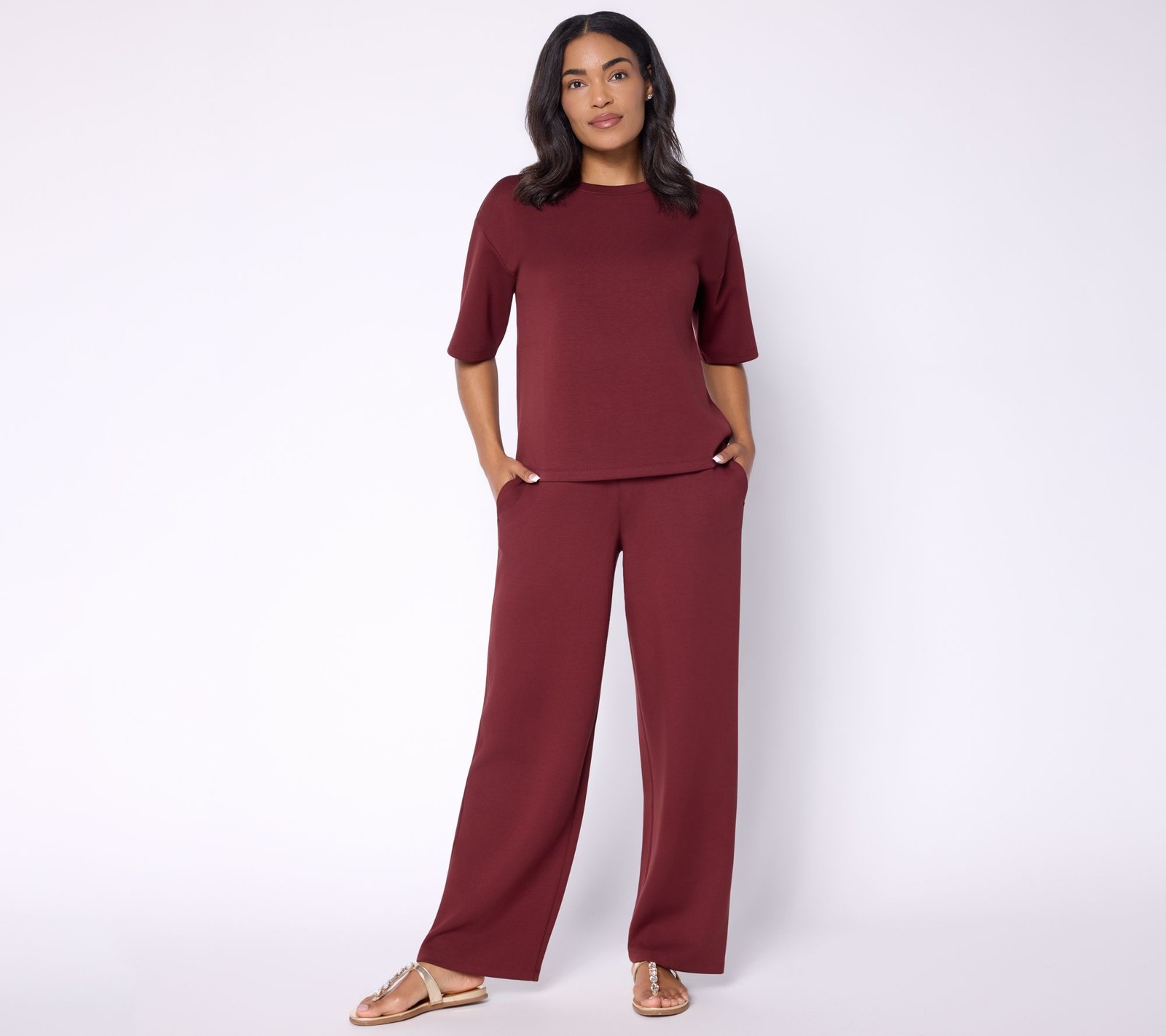 Susan Graver Women\'s Set Sz M Weekend Serene Knit Top Wide Leg Pant Red A734474 Susan Graver Women\'s Set Sz M Weekend Serene Knit Top Wide Leg Pant Red A734474