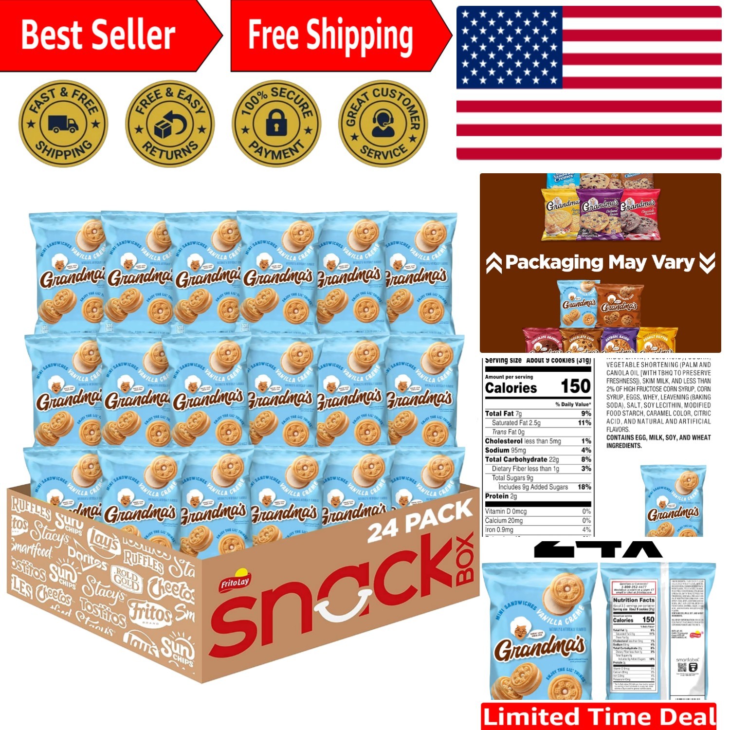 Delicious Grandma’s Mini Cookies - Vanilla Sandwich Crème, 3.71 oz Bags, 24 Pack