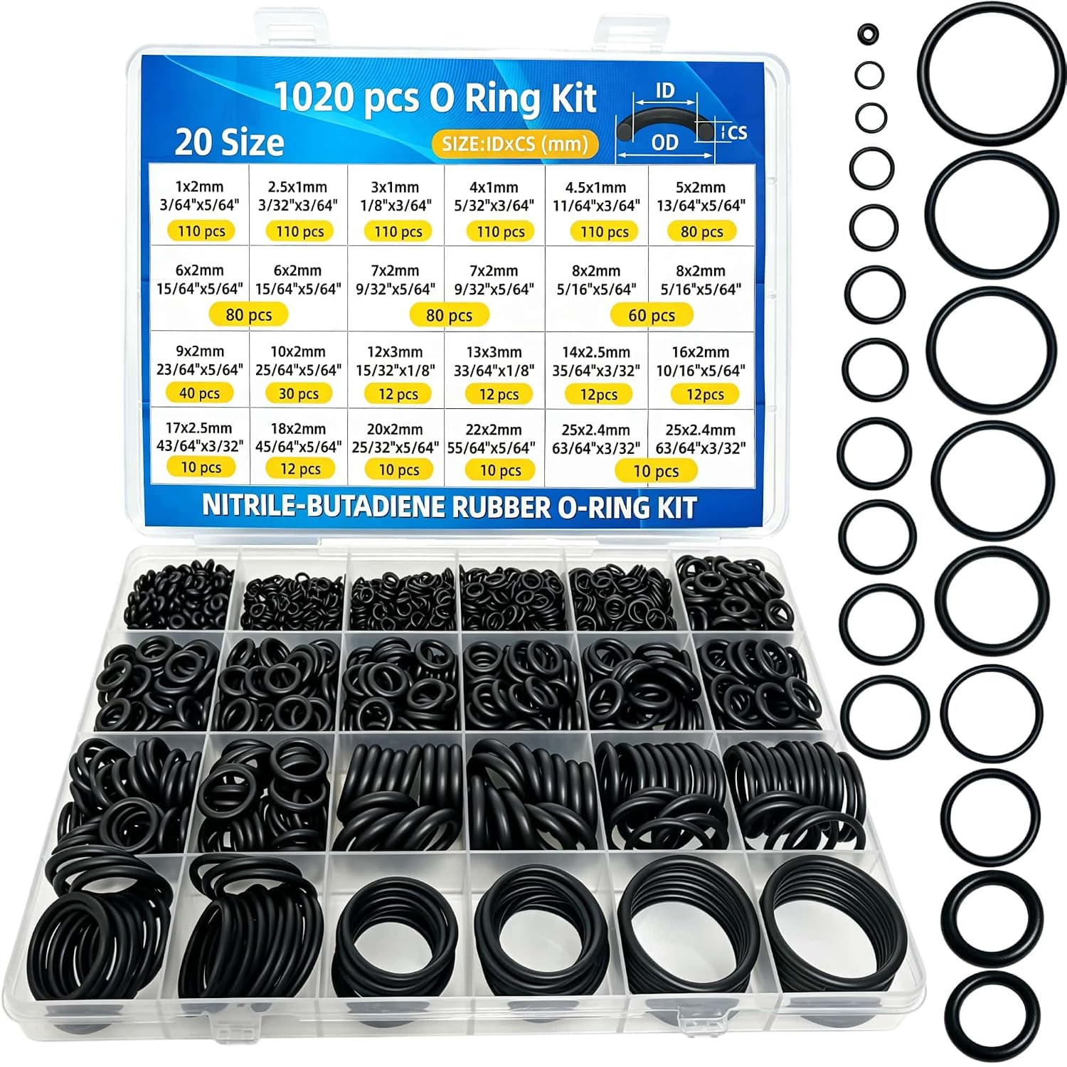 1020 Pcs O Ring Assortment Kit, Nitrile Rubber O Rings Kit for Auto Repair 1020 Pcs O Ring Assortment Kit, Nitrile Rubber O Rings Kit for Auto Repair