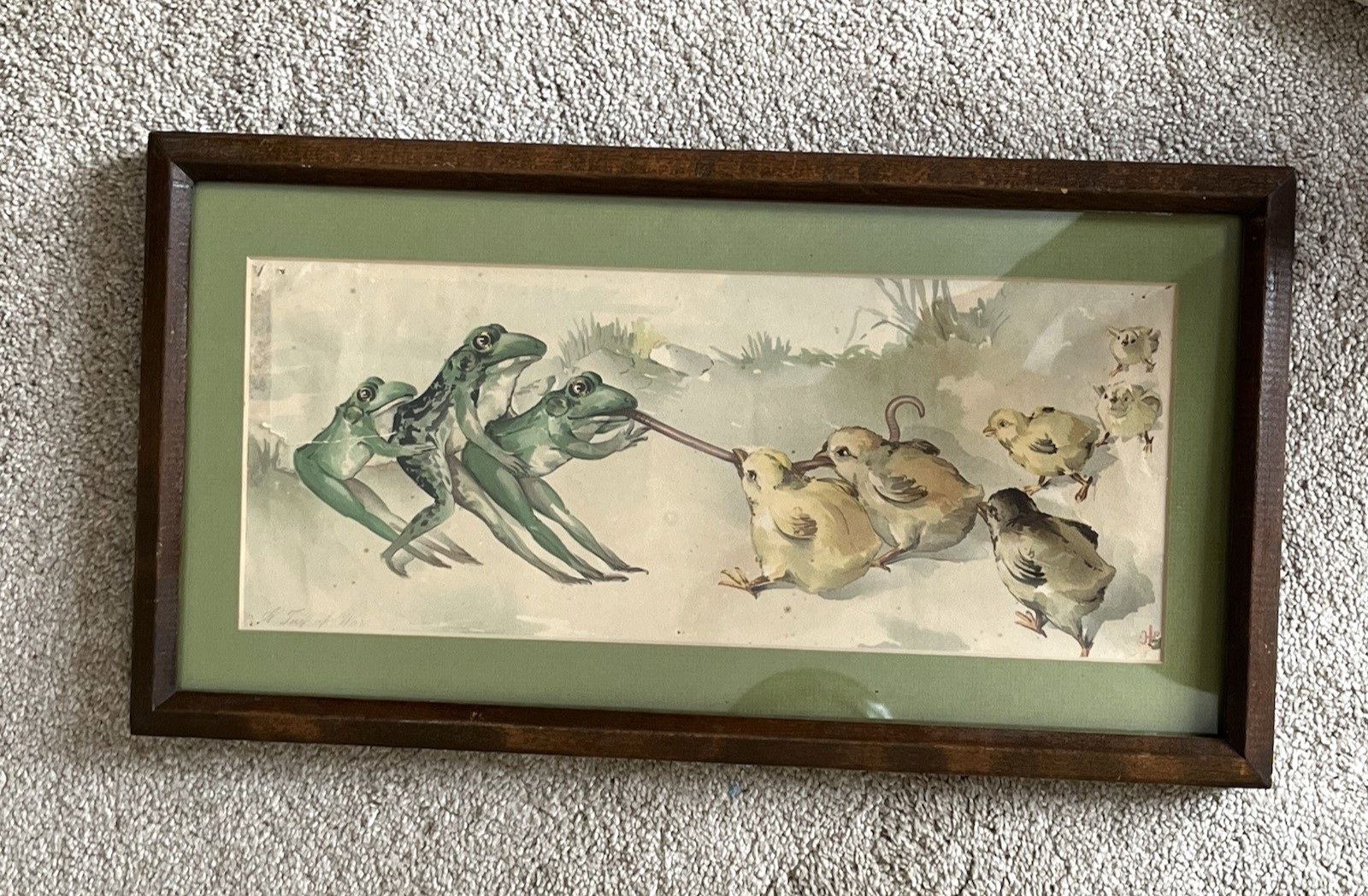 Antique c.1910 Hand Painted Watercolor Painting Frog Frogs and Chicks Tug-of-War
