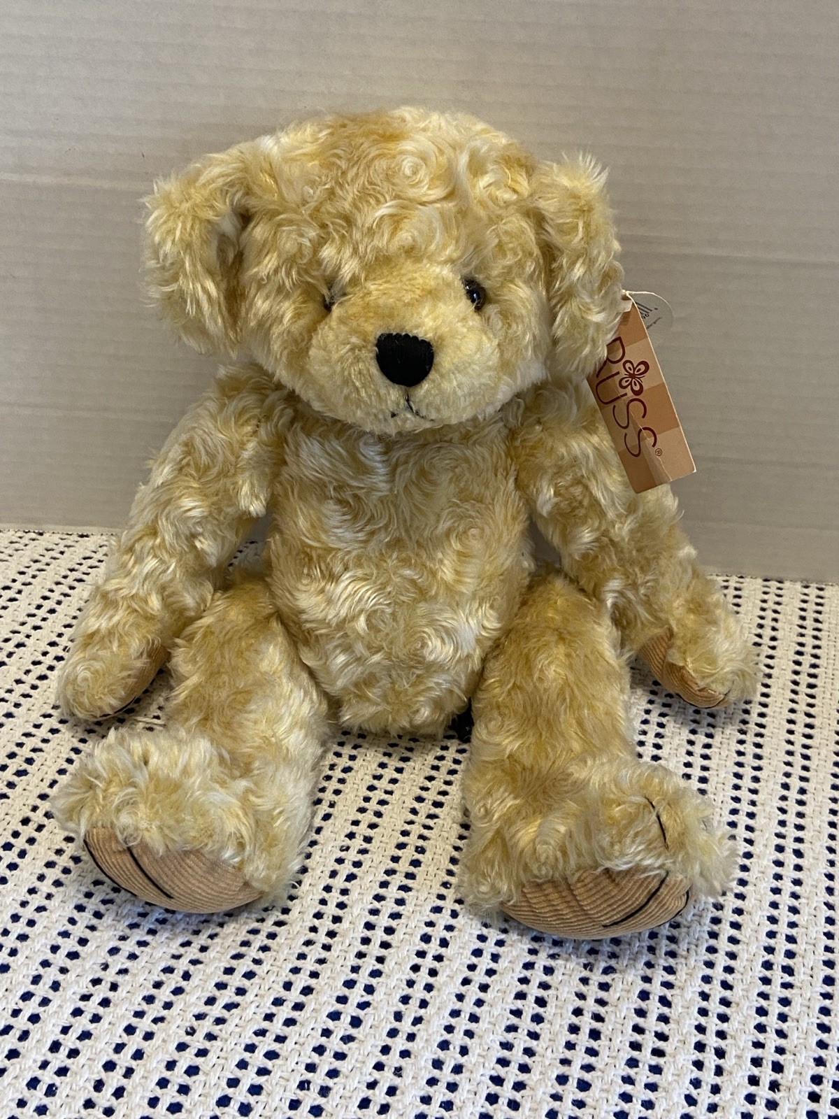 Vintage Russ Berrie Cosgrove Teddy Bear 15” Jointed Plush Tan w/ Gold Ribbon