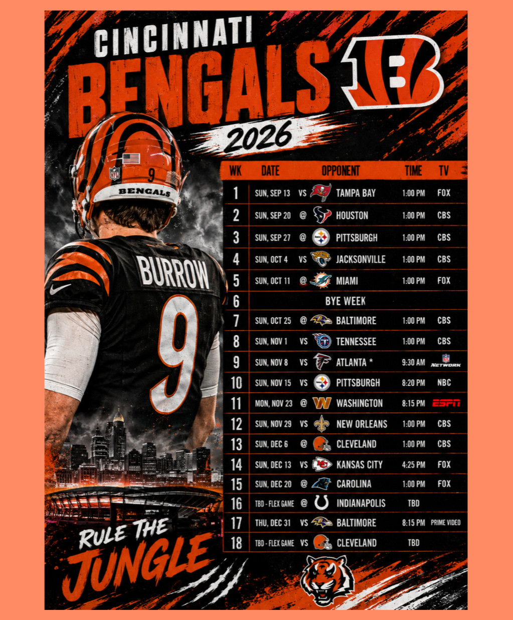 Cincinnati Bengals Schedule 2026-27 Season Magnet (5 x 7 inches) High Definition Cincinnati Bengals Schedule 2026-27 Season Magnet (5 x 7 inches) High Definition