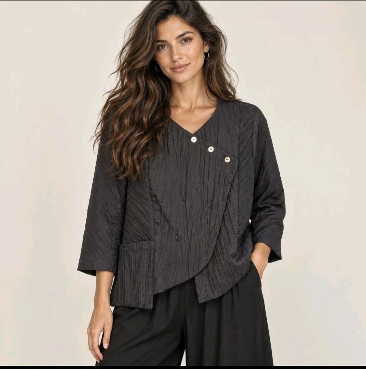 Porto San Francisco Asymmetric Jacket Black Crinkle Texture Lightweight Sz M (2) Porto San Francisco Asymmetric Jacket Black Crinkle Texture Lightweight Sz M (2)