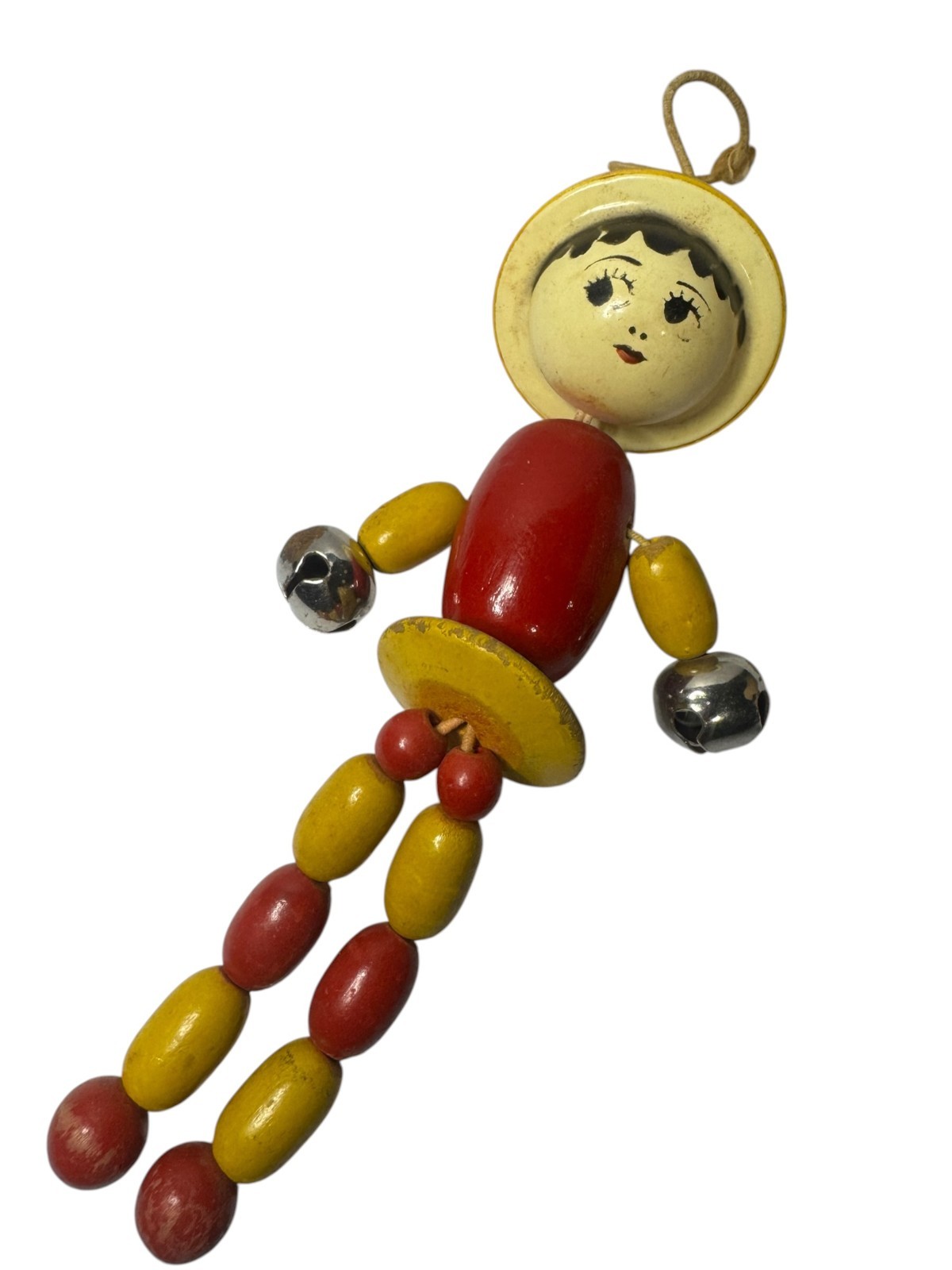 Vintage Wooden Bead Doll Crib Toy Rattle Hand Painted Wood Jingle Bell 1940s