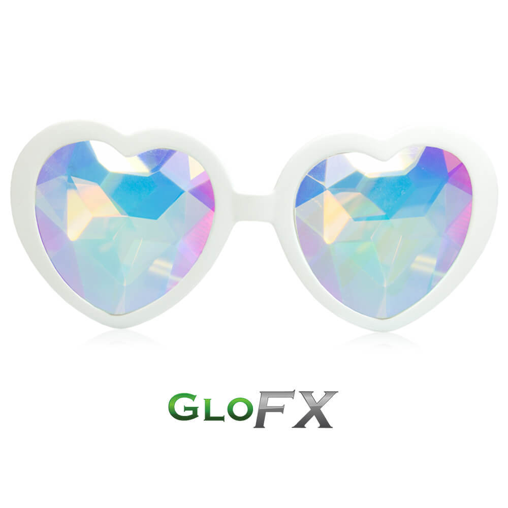White GloFX Heart Shaped Kaleidoscope Glasses - Kaleidoscopic Raver Prizm Laser White GloFX Heart Shaped Kaleidoscope Glasses - Kaleidoscopic Raver Prizm Laser
