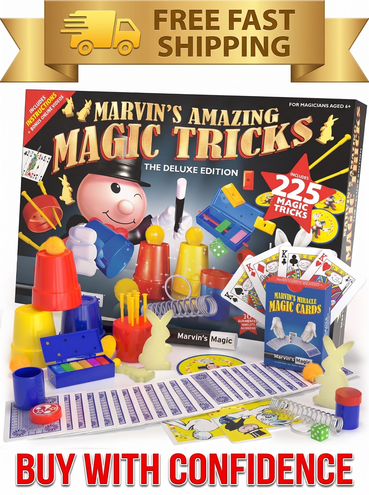 Marvin\'s Magic 225 Tricks Deluxe Kit Christmas Gift for Kids Age 6+ Cards Wand