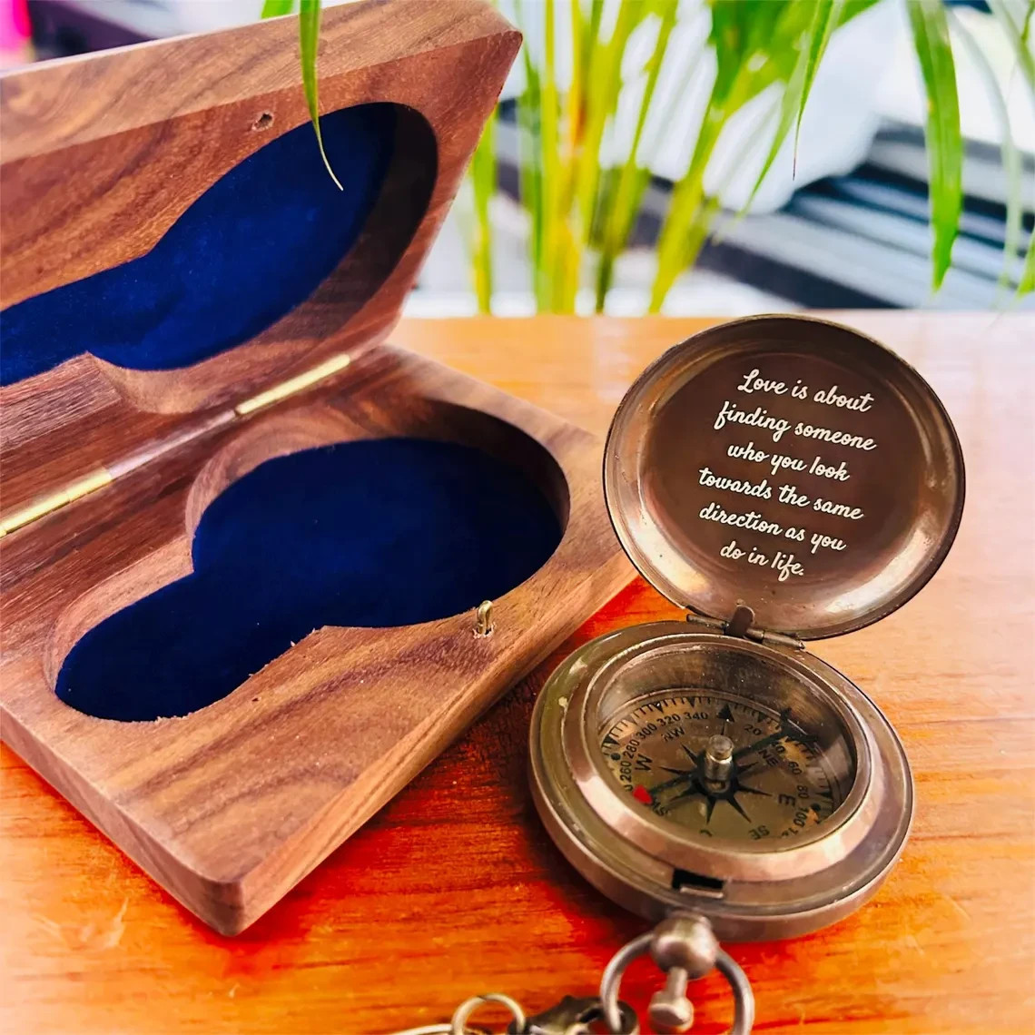 Personalized Brass Pocket Compass Engraved Wooden Box Vintage Nautical Gift for