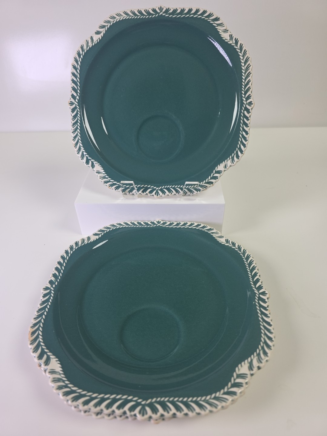 Harker Ware Corinthian Dark Teal Green Snack Plate White Gadroon Edge 8.25” (3)