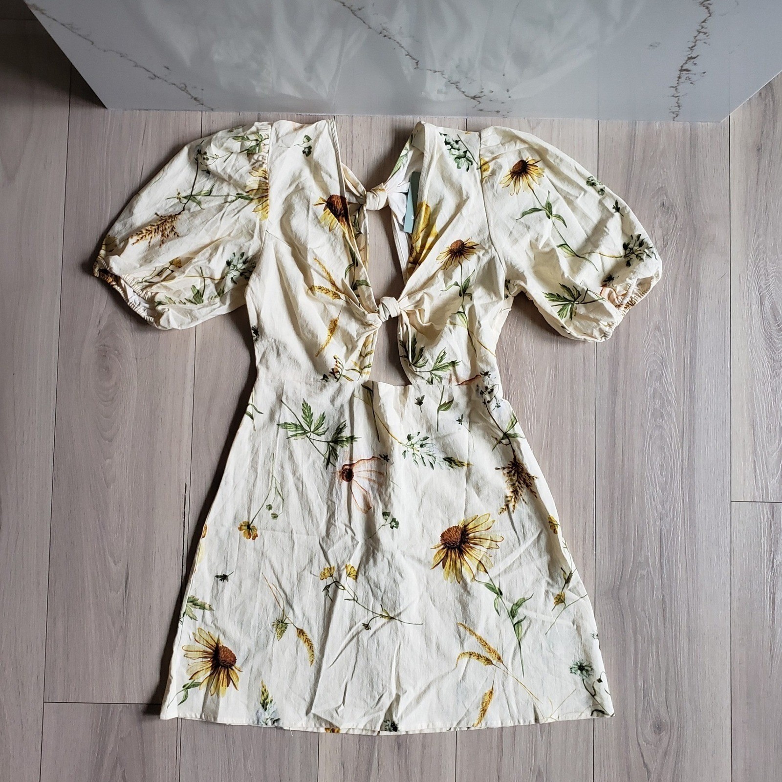 H&M Dress Womens M Yellow Linen Floral Cutout Mini Cottagecore Boho