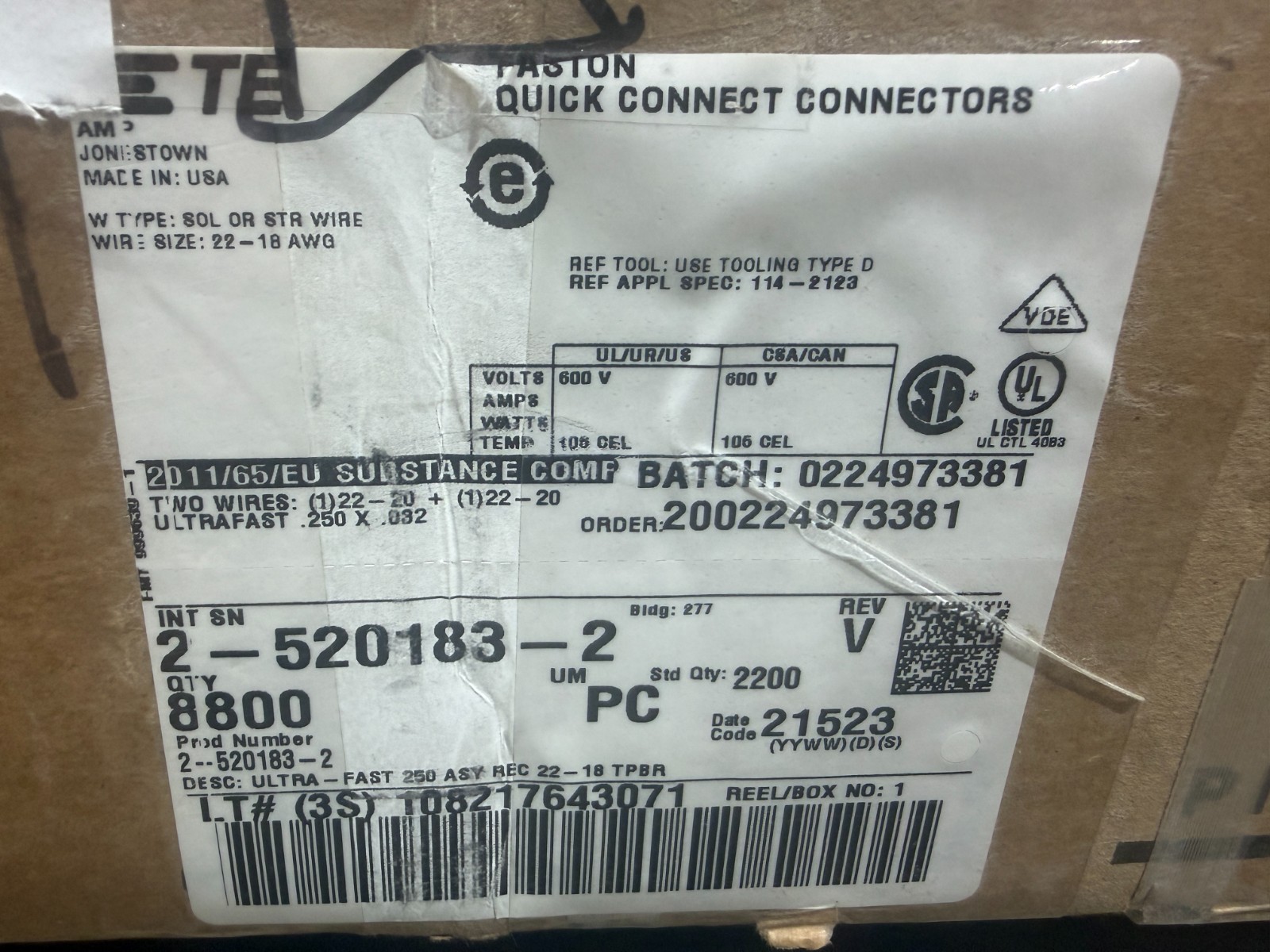 QTY 8,800 TE 2-520183-2 Ultra-Fast .250 ASY REC 22-18 TPBR Reel QTY 8,800 TE 2-520183-2 Ultra-Fast .250 ASY REC 22-18 TPBR Reel