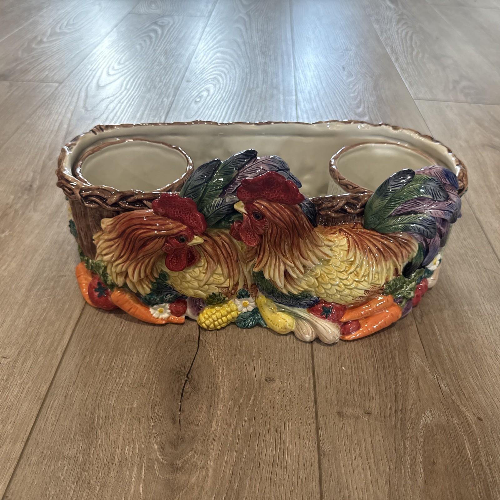 RARE Vintage Fitz and Floyd Coq Du Village Rooster 2 Herb Pots and Tray Planter RARE Vintage Fitz and Floyd Coq Du Village Rooster 2 Herb Pots and Tray Planter