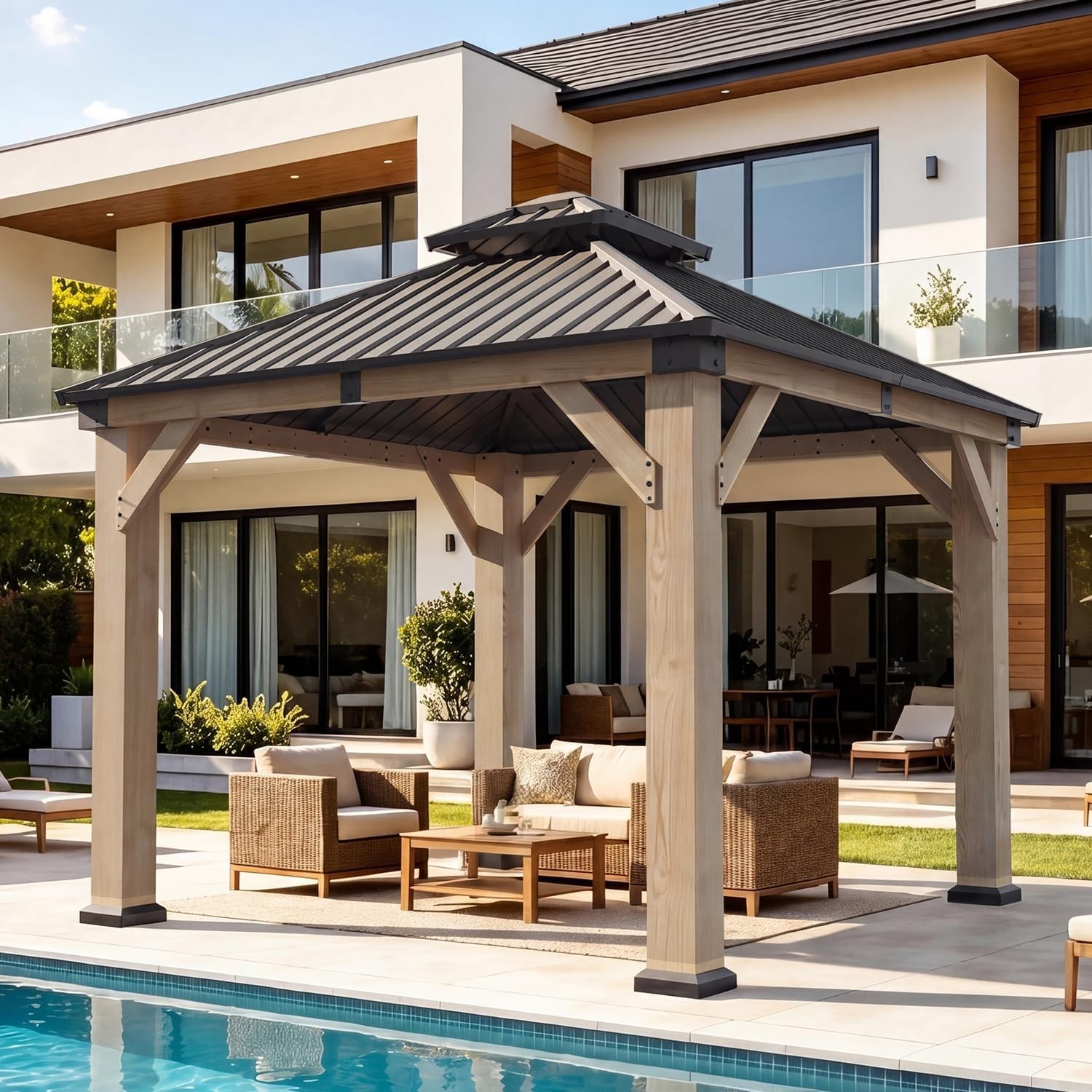 10x 10\' /12x20FT Wood Gazebo Hardtop Patio Permanent Wooden Pavilion Double Roof